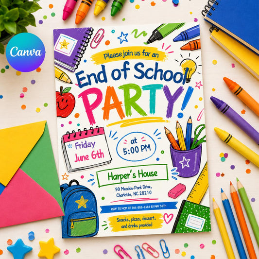 End of School Party Invitation Template, End of School Party Invitation, Schools Out Pool Party Invite, Hello Summer Party Invitation, Canva __etsy:8077111519