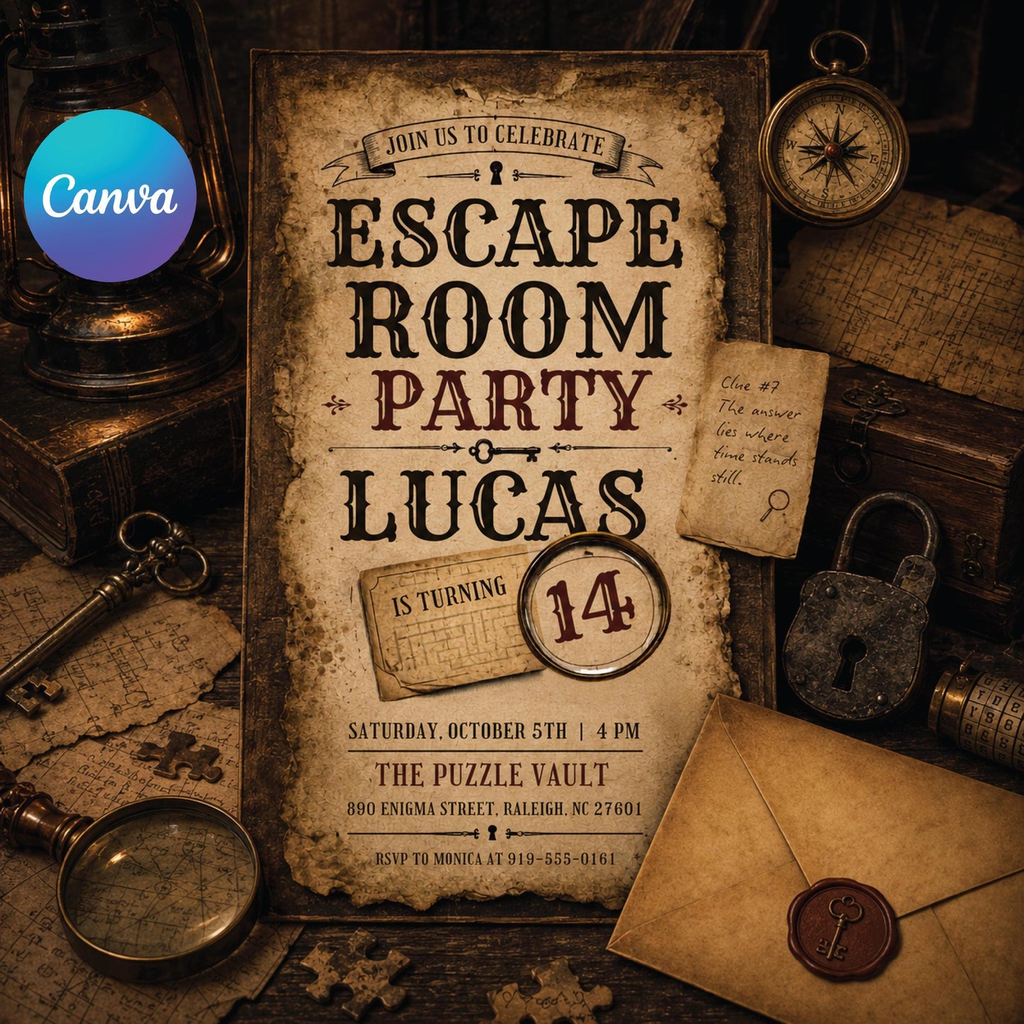 Escape Room Birthday Invitation, Vintage Detective Birthday Party Template, Map Scavenger Hunt Party Theme, Uncover The Mystery Invite Canva __etsy:8015094002