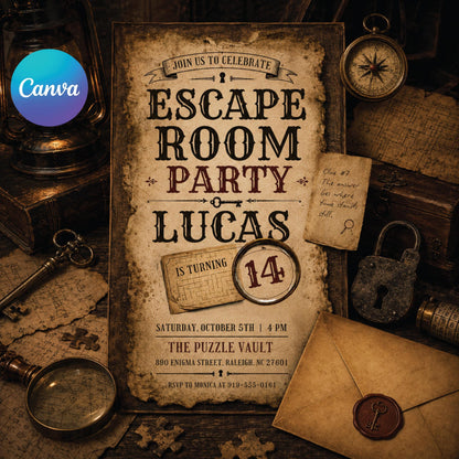 Escape Room Birthday Invitation, Vintage Detective Birthday Party Template, Map Scavenger Hunt Party Theme, Uncover The Mystery Invite Canva __etsy:8015094002