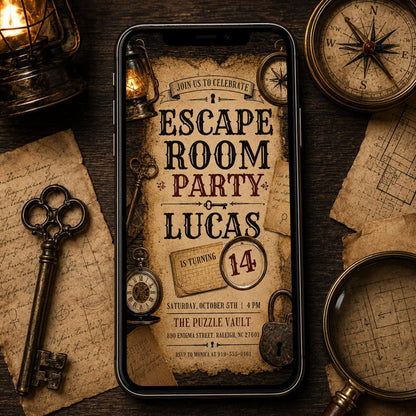 Escape Room Birthday Invitation, Vintage Detective Birthday Party Template, Map Scavenger Hunt Party Theme, Uncover The Mystery Invite Canva __etsy:8015088072