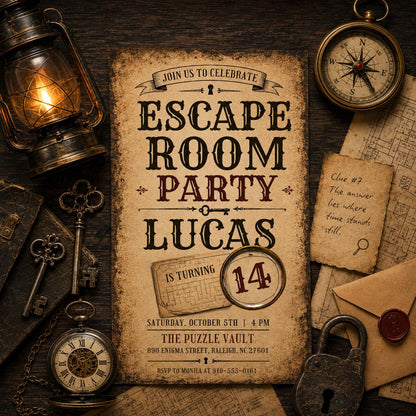 Escape Room Birthday Invitation, Vintage Detective Birthday Party Template, Map Scavenger Hunt Party Theme, Uncover The Mystery Invite Canva __etsy:8062999979