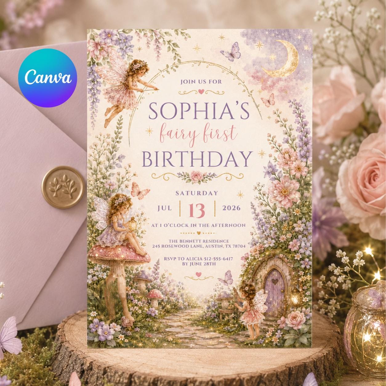 Fairy First Birthday, Editable Flutter and Twirl Little Fairy, Wildflower Fairy Birthday, Girl Pink Floral Fairy Birthday, Canva Template __etsy:8033850536