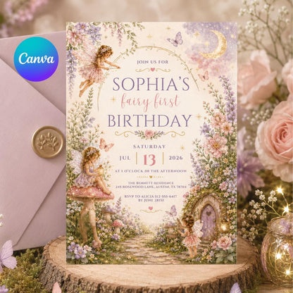 Fairy First Birthday, Editable Flutter and Twirl Little Fairy, Wildflower Fairy Birthday, Girl Pink Floral Fairy Birthday, Canva Template __etsy:8033850536