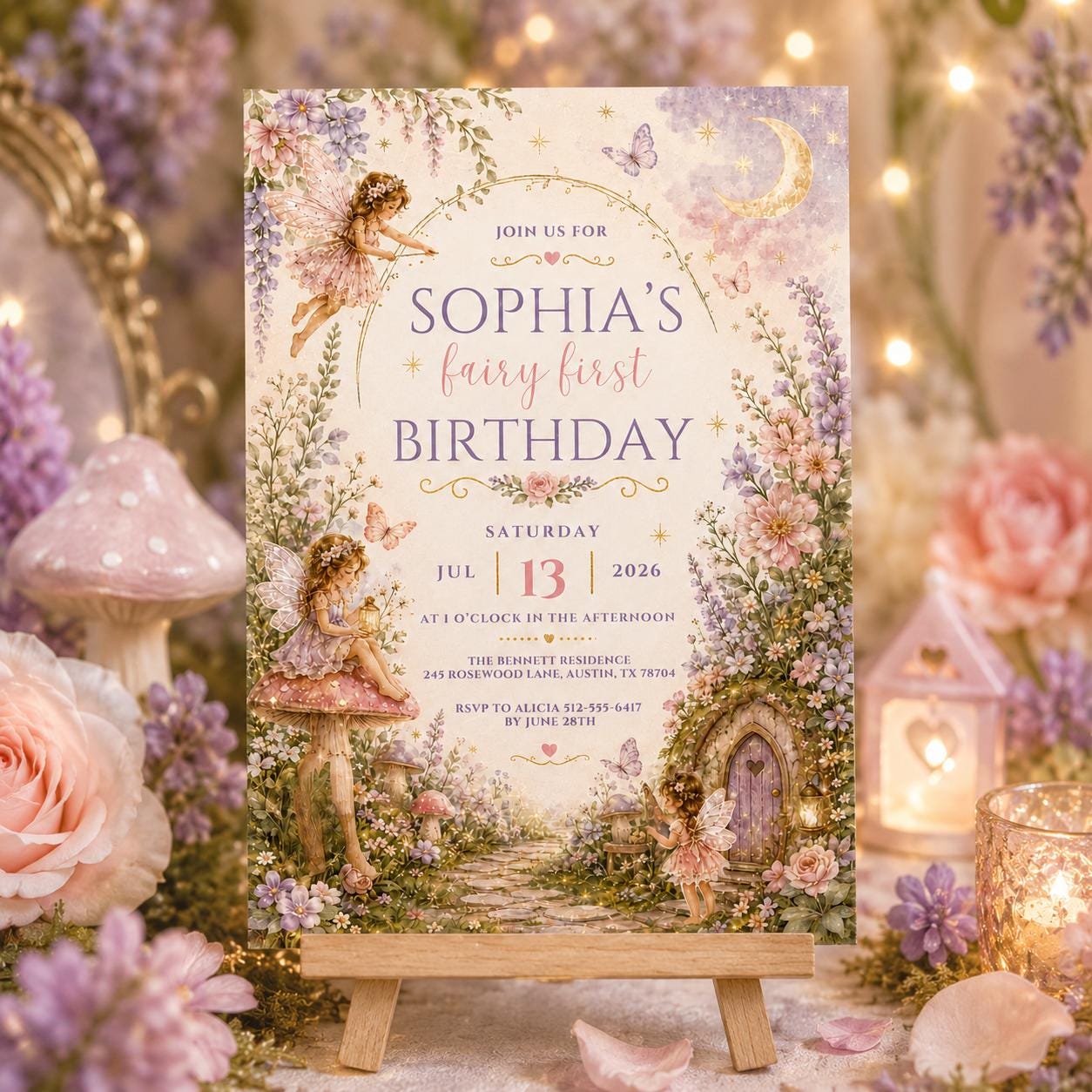 Fairy First Birthday, Editable Flutter and Twirl Little Fairy, Wildflower Fairy Birthday, Girl Pink Floral Fairy Birthday, Canva Template __etsy:8081342401