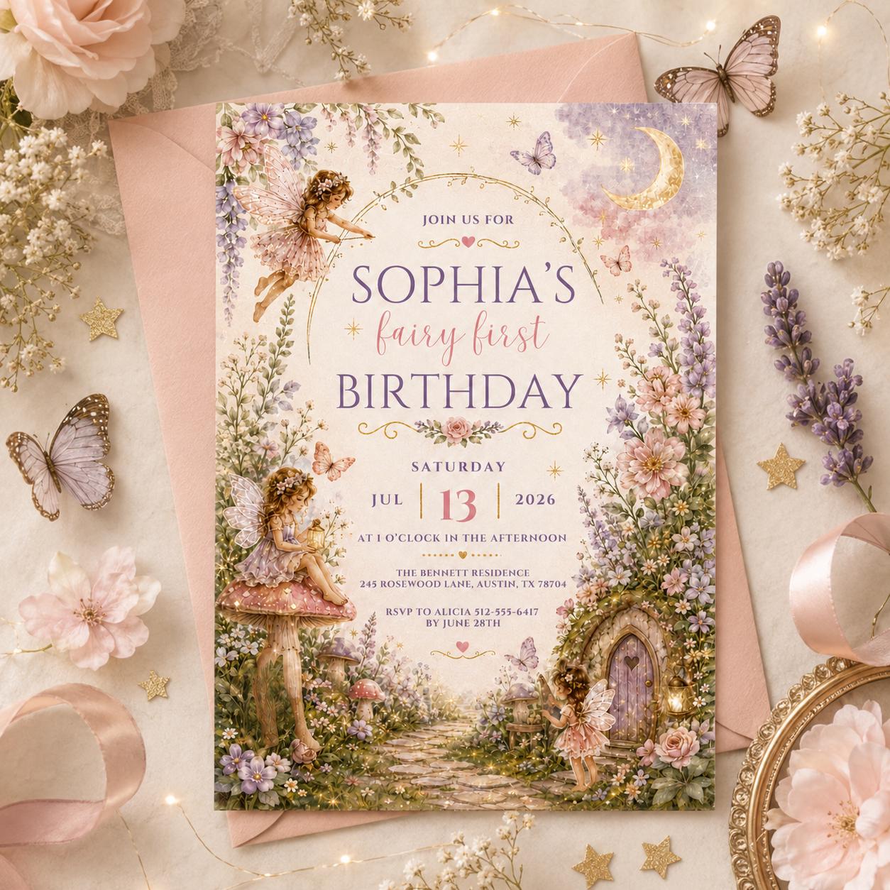 Fairy First Birthday, Editable Flutter and Twirl Little Fairy, Wildflower Fairy Birthday, Girl Pink Floral Fairy Birthday, Canva Template __etsy:8081342755