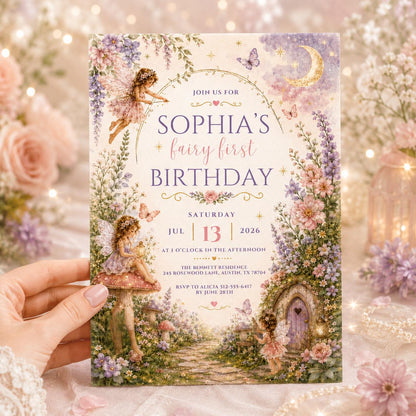 Fairy First Birthday, Editable Flutter and Twirl Little Fairy, Wildflower Fairy Birthday, Girl Pink Floral Fairy Birthday, Canva Template __etsy:8081342431