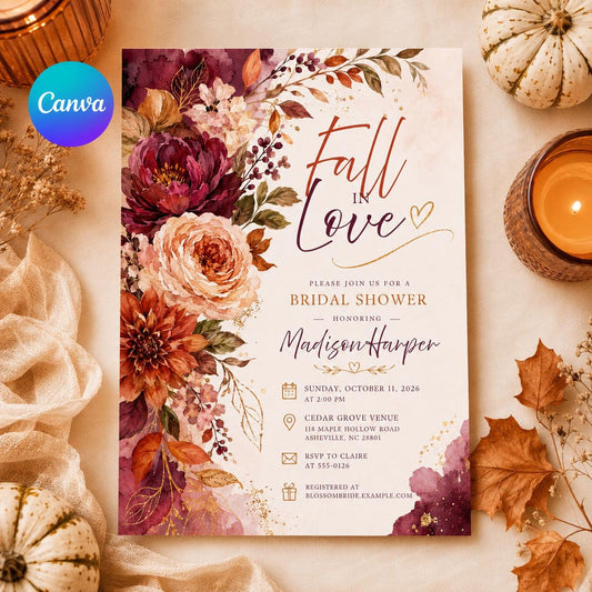 Fall in Love Bridal Shower Invitation Editable Template, Autumn Watercolor Bridal Brunch, Fall Bridal Shower Invitation, Fall Wedding Shower __etsy:8176322493