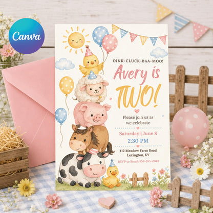 Farm 2nd Birthday Invitation, Two Year Old Birthday Farm Invitation, Farm Animal Birthday Party Invite Printable Oink Cluck Baa Moo, Canva __etsy:8018589420