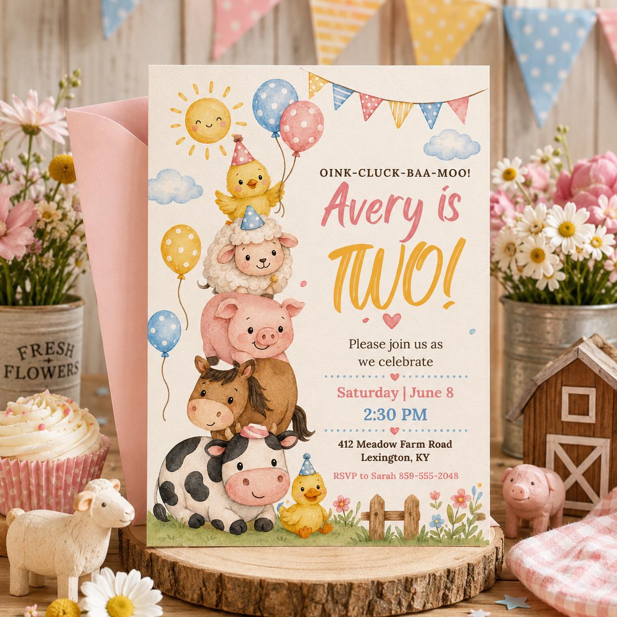 Farm 2nd Birthday Invitation, Two Year Old Birthday Farm Invitation, Farm Animal Birthday Party Invite Printable Oink Cluck Baa Moo, Canva __etsy:8066504627