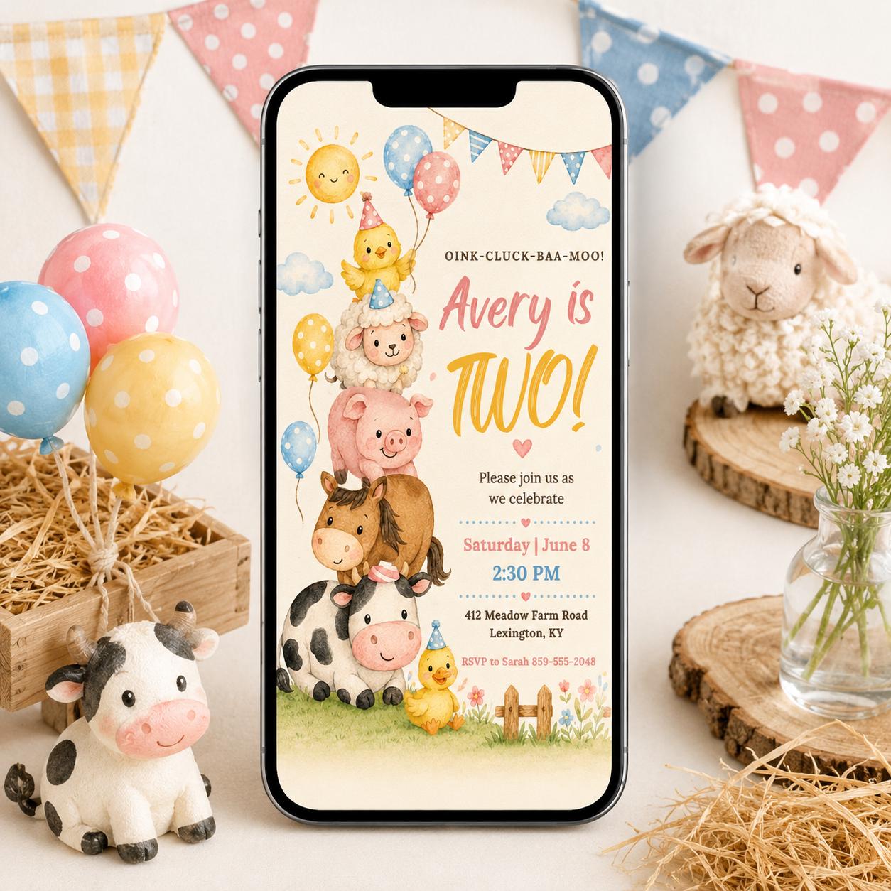Farm 2nd Birthday Invitation, Two Year Old Birthday Farm Invitation, Farm Animal Birthday Party Invite Printable Oink Cluck Baa Moo, Canva __etsy:8066504851