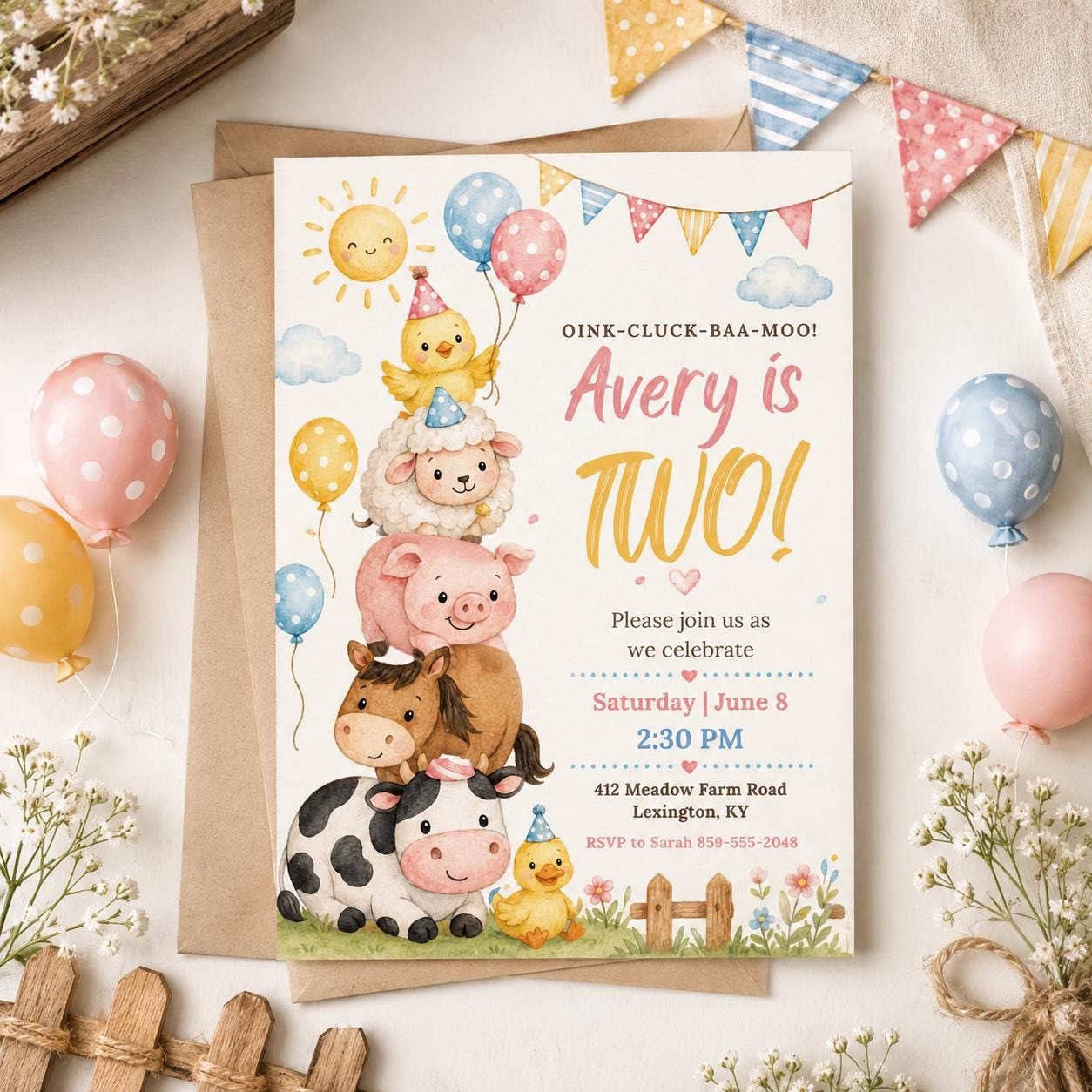 Farm 2nd Birthday Invitation, Two Year Old Birthday Farm Invitation, Farm Animal Birthday Party Invite Printable Oink Cluck Baa Moo, Canva __etsy:8018586050