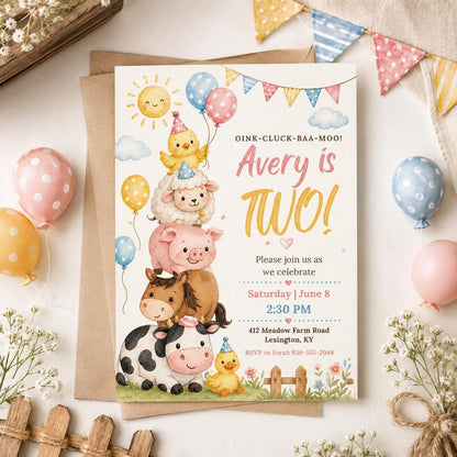 Farm 2nd Birthday Invitation, Two Year Old Birthday Farm Invitation, Farm Animal Birthday Party Invite Printable Oink Cluck Baa Moo, Canva __etsy:8018586050