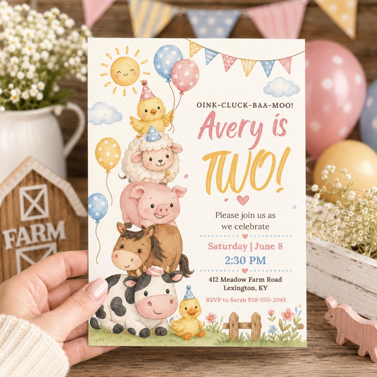 Farm 2nd Birthday Invitation, Two Year Old Birthday Farm Invitation, Farm Animal Birthday Party Invite Printable Oink Cluck Baa Moo, Canva __etsy:8018586038