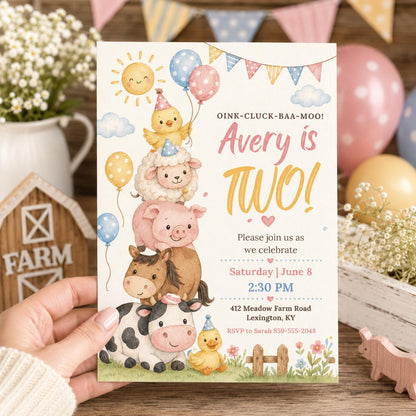 Farm 2nd Birthday Invitation, Two Year Old Birthday Farm Invitation, Farm Animal Birthday Party Invite Printable Oink Cluck Baa Moo, Canva __etsy:8018586038