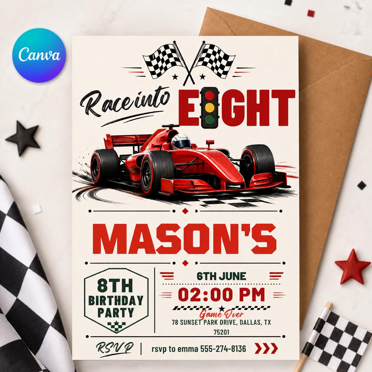 Fast Eight Race Car Birthday Invitation, 8th Birthday Party Invite, Editable Canva Template __etsy:8115846019