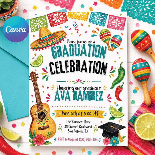 Fiesta Graduation invitation, Fiesta theme party, Nacho Average Grad Party Invite, Editable template, cinco de mayo, Editable Canva Template __etsy:8070743659