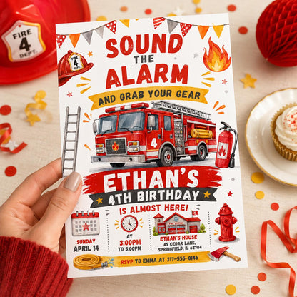 Fire Truck Birthday Invitation, Firefighter Birthday Party Invite, Sound the Alarm Birthday, Fireman Birthday, Editable Canva Template __etsy:8064249154