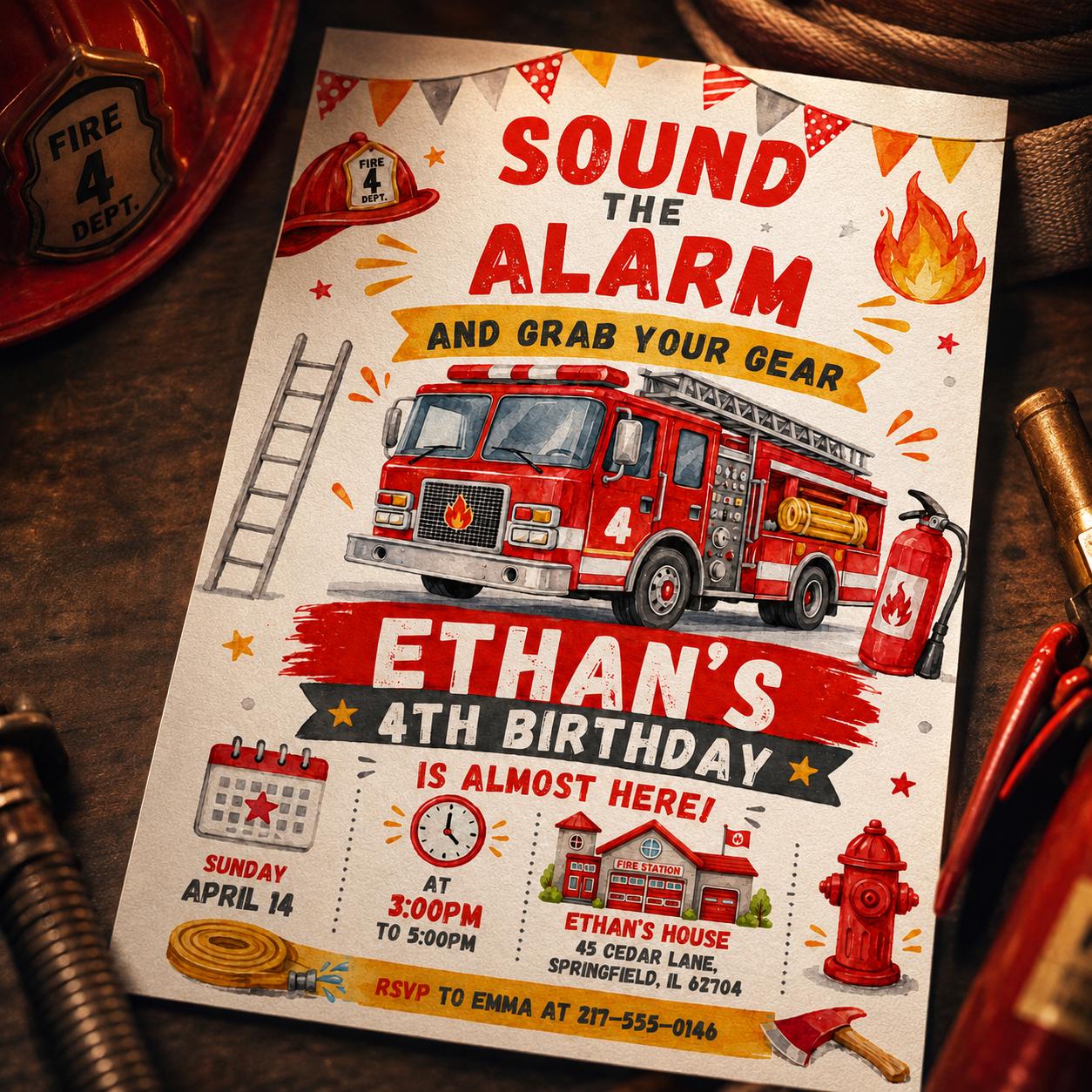 Fire Truck Birthday Invitation, Firefighter Birthday Party Invite, Sound the Alarm Birthday, Fireman Birthday, Editable Canva Template __etsy:8064249090