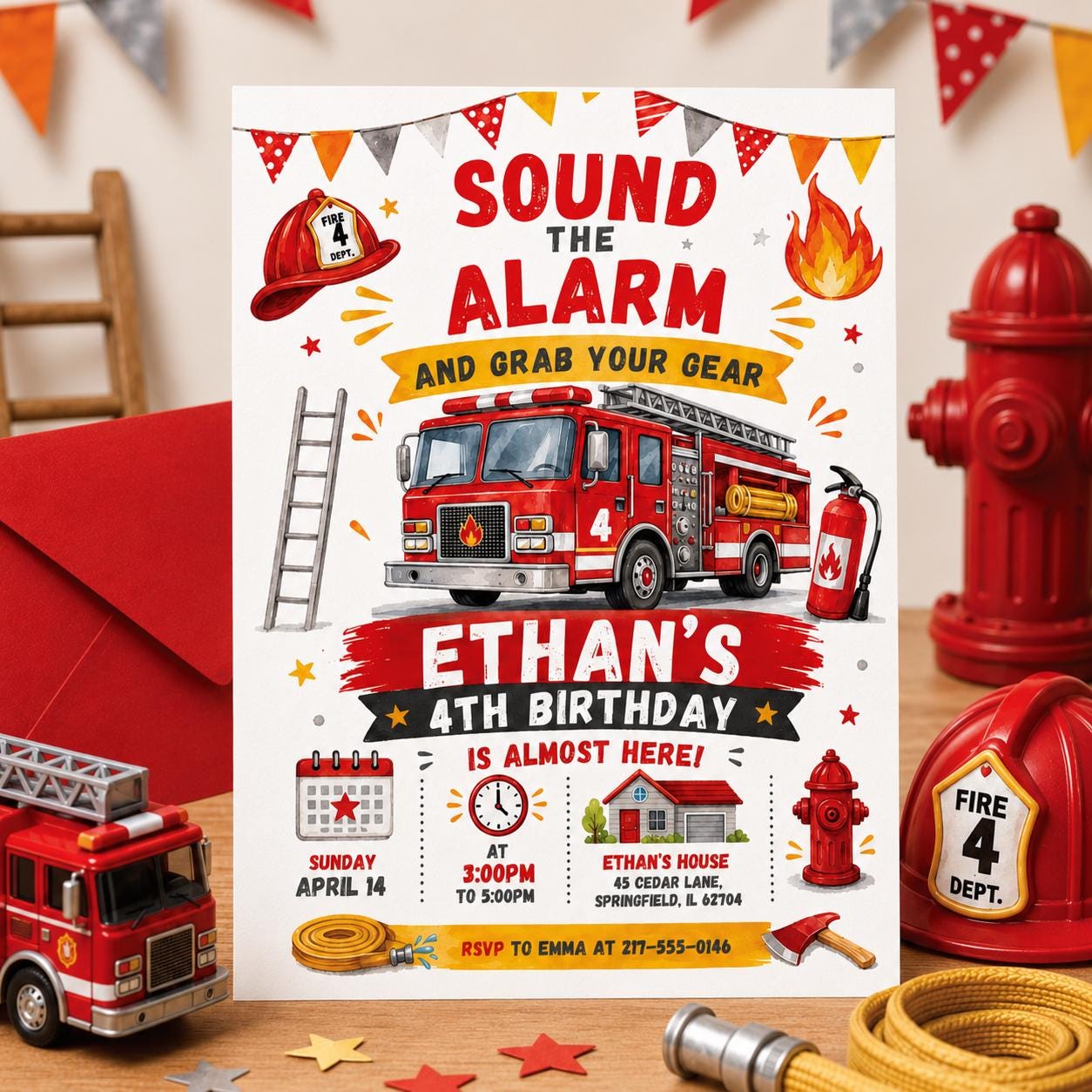 Fire Truck Birthday Invitation, Firefighter Birthday Party Invite, Sound the Alarm Birthday, Fireman Birthday, Editable Canva Template __etsy:8071271427