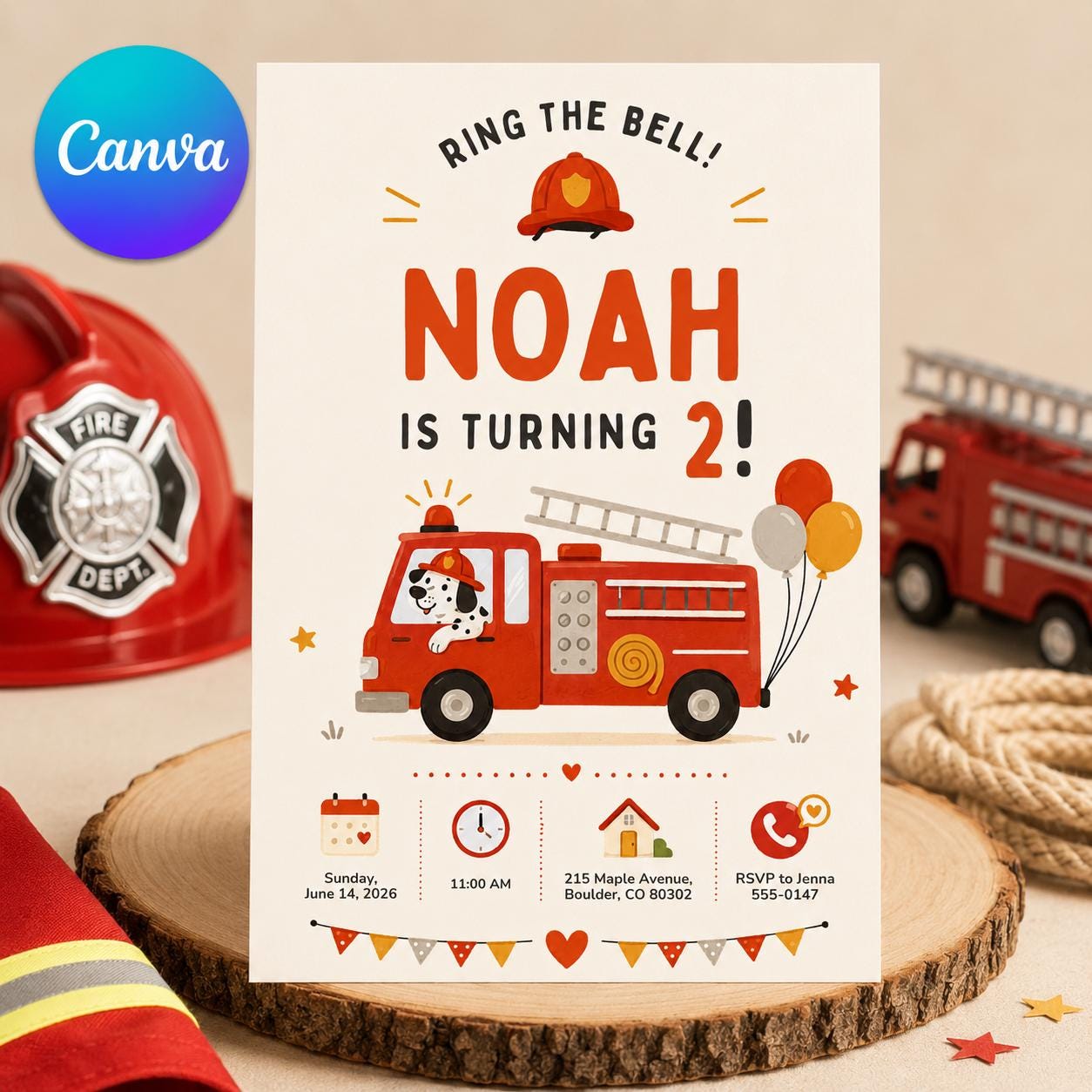 Firetruck Birthday Invitations, Ring the Bell Firefighter Boys 2nd Party Invite, Editable Canva Template, Fire Truck Birthday Invitation __etsy:8128608604