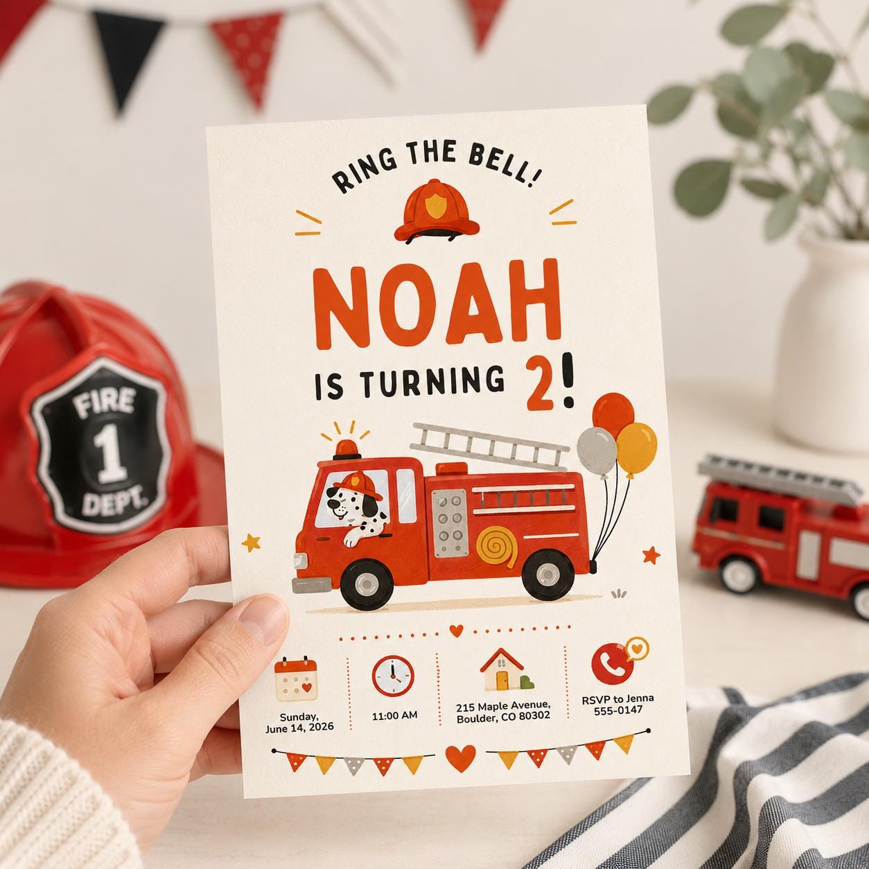 Firetruck Birthday Invitations, Ring the Bell Firefighter Boys 2nd Party Invite, Editable Canva Template, Fire Truck Birthday Invitation __etsy:8128608586
