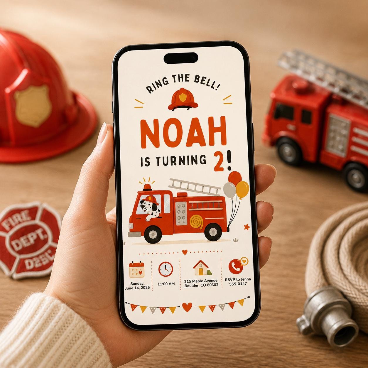 Firetruck Birthday Invitations, Ring the Bell Firefighter Boys 2nd Party Invite, Editable Canva Template, Fire Truck Birthday Invitation __etsy:8176521747