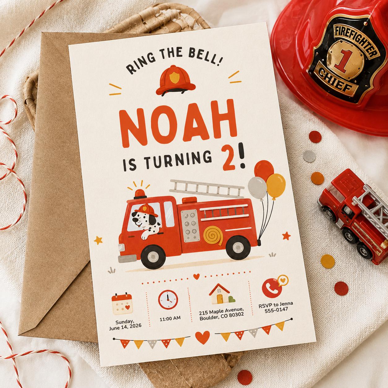 Firetruck Birthday Invitations, Ring the Bell Firefighter Boys 2nd Party Invite, Editable Canva Template, Fire Truck Birthday Invitation __etsy:8128608618
