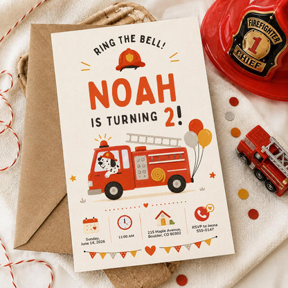 Firetruck Birthday Invitations, Ring the Bell Firefighter Boys 2nd Party Invite, Editable Canva Template, Fire Truck Birthday Invitation __etsy:8128608618