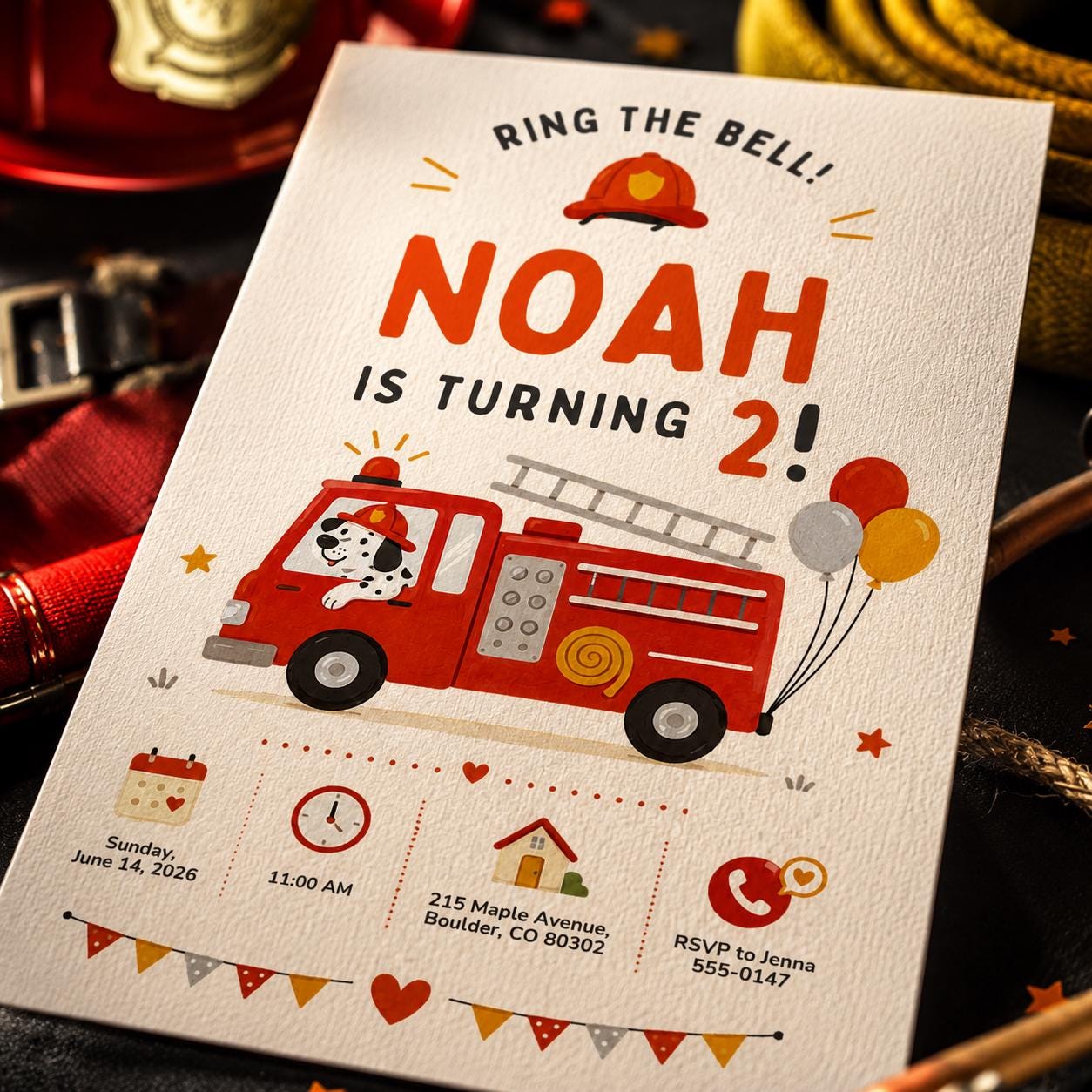 Firetruck Birthday Invitations, Ring the Bell Firefighter Boys 2nd Party Invite, Editable Canva Template, Fire Truck Birthday Invitation __etsy:8128608614