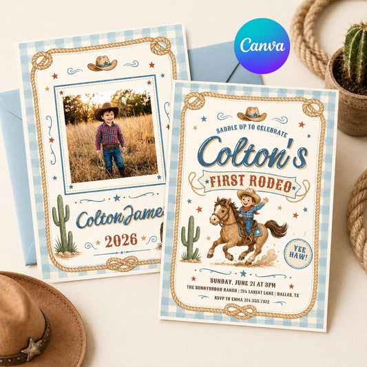 First Rodeo Birthday Invitation, Cowboy Birthday Invite, Boy 1st Birthday Invites, Wild West Invitation, Editable Template Canva __etsy:8015721878