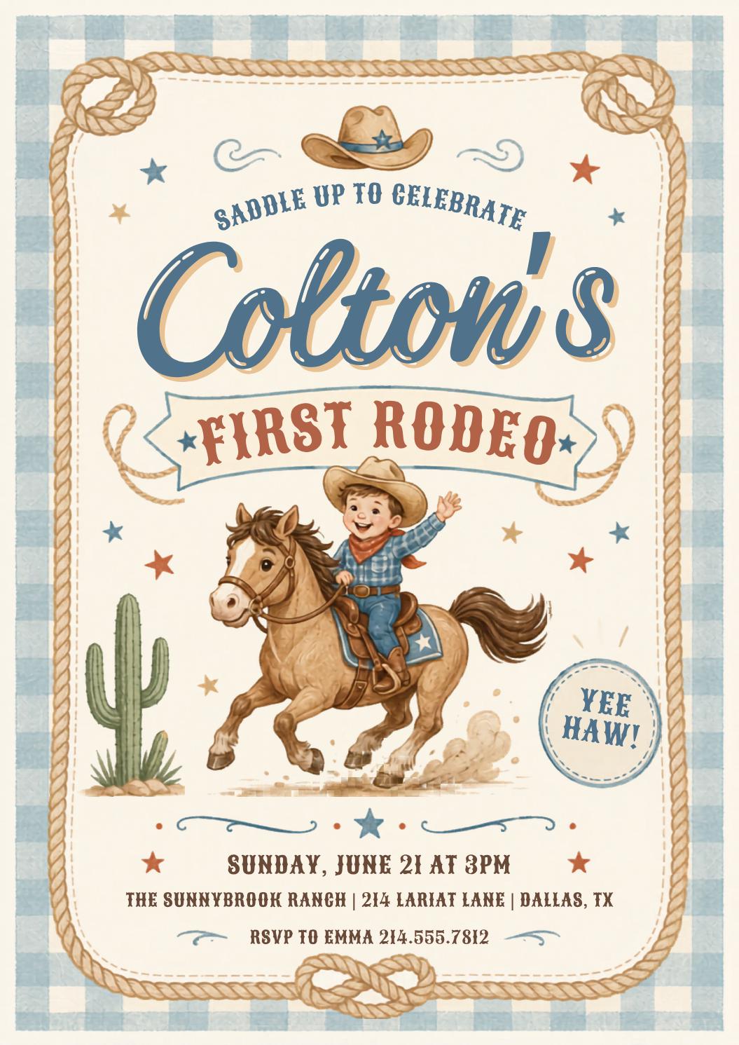 First Rodeo Birthday Invitation, Cowboy Birthday Invite, Boy 1st Birthday Invites, Wild West Invitation, Editable Template Canva __etsy:8015721874