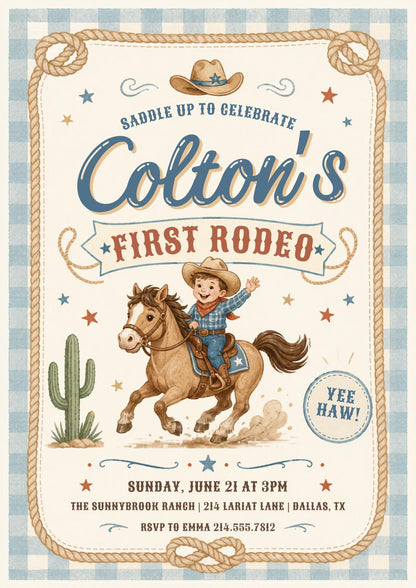 First Rodeo Birthday Invitation, Cowboy Birthday Invite, Boy 1st Birthday Invites, Wild West Invitation, Editable Template Canva __etsy:8015721874
