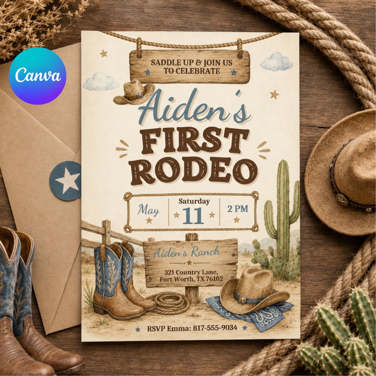 First Rodeo Birthday Invitation, Cowboy Birthday Invite, Boy 1st Birthday Invites, Wild West Invitation, My First Rodeo Template Canva __etsy:8080208127