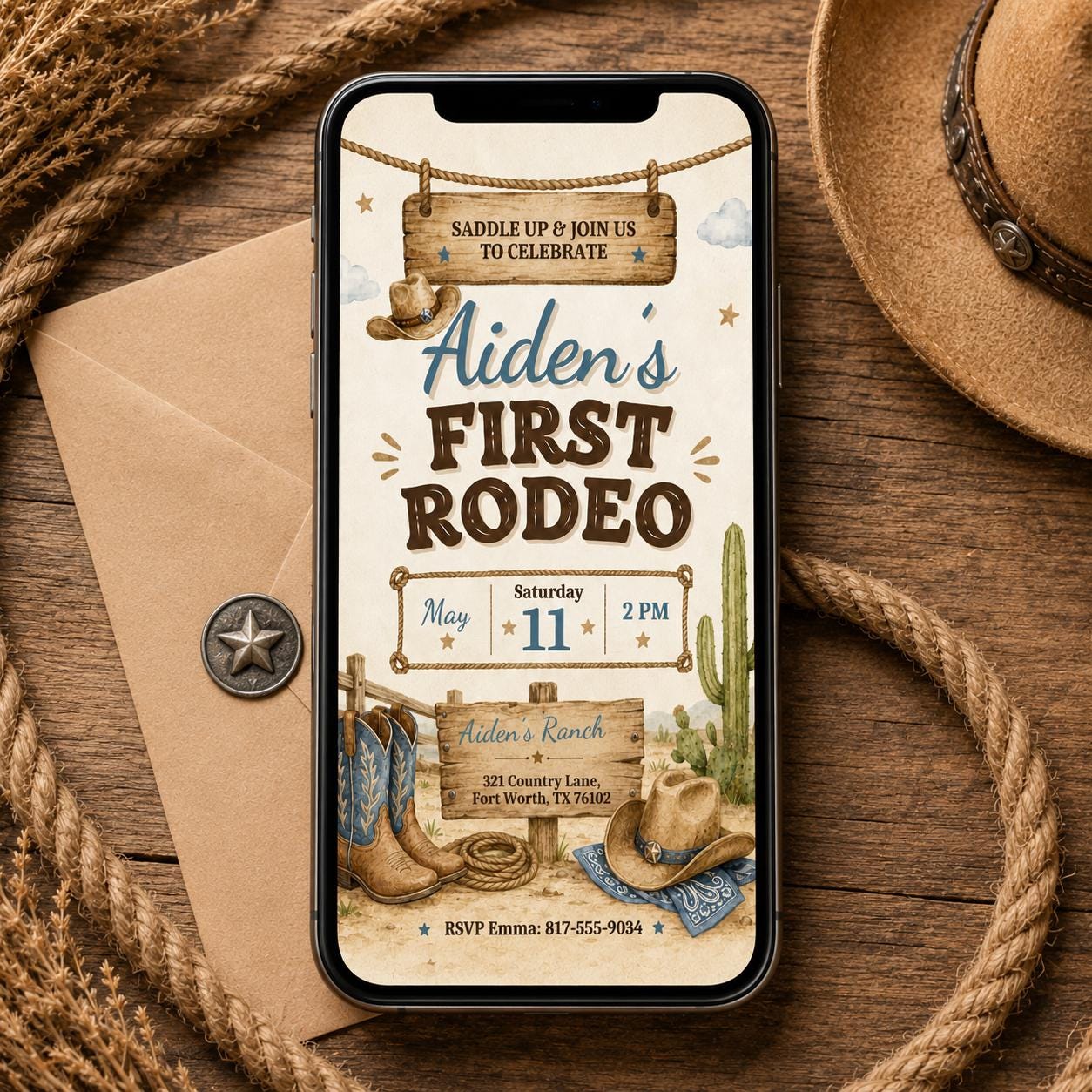 First Rodeo Birthday Invitation, Cowboy Birthday Invite, Boy 1st Birthday Invites, Wild West Invitation, My First Rodeo Template Canva __etsy:8080206345