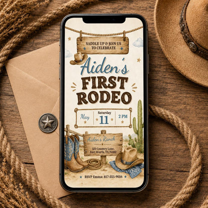 First Rodeo Birthday Invitation, Cowboy Birthday Invite, Boy 1st Birthday Invites, Wild West Invitation, My First Rodeo Template Canva __etsy:8080206345