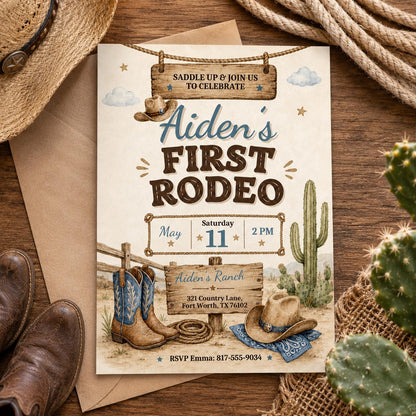 First Rodeo Birthday Invitation, Cowboy Birthday Invite, Boy 1st Birthday Invites, Wild West Invitation, My First Rodeo Template Canva __etsy:8032296532