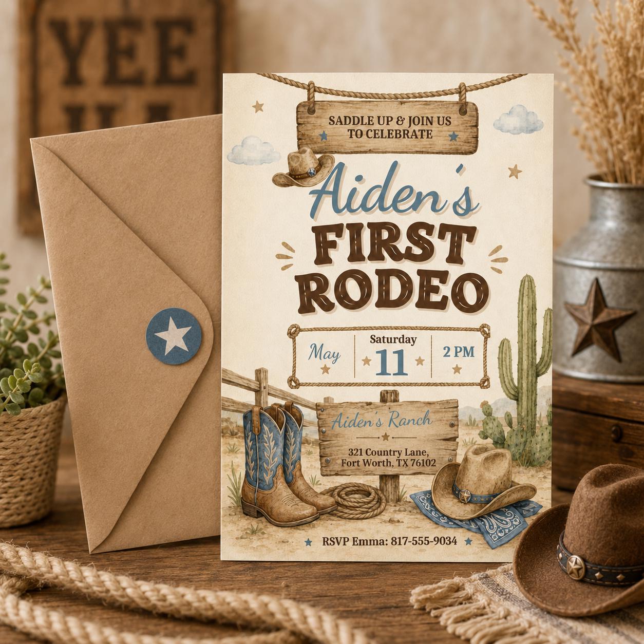 First Rodeo Birthday Invitation, Cowboy Birthday Invite, Boy 1st Birthday Invites, Wild West Invitation, My First Rodeo Template Canva __etsy:8032296530