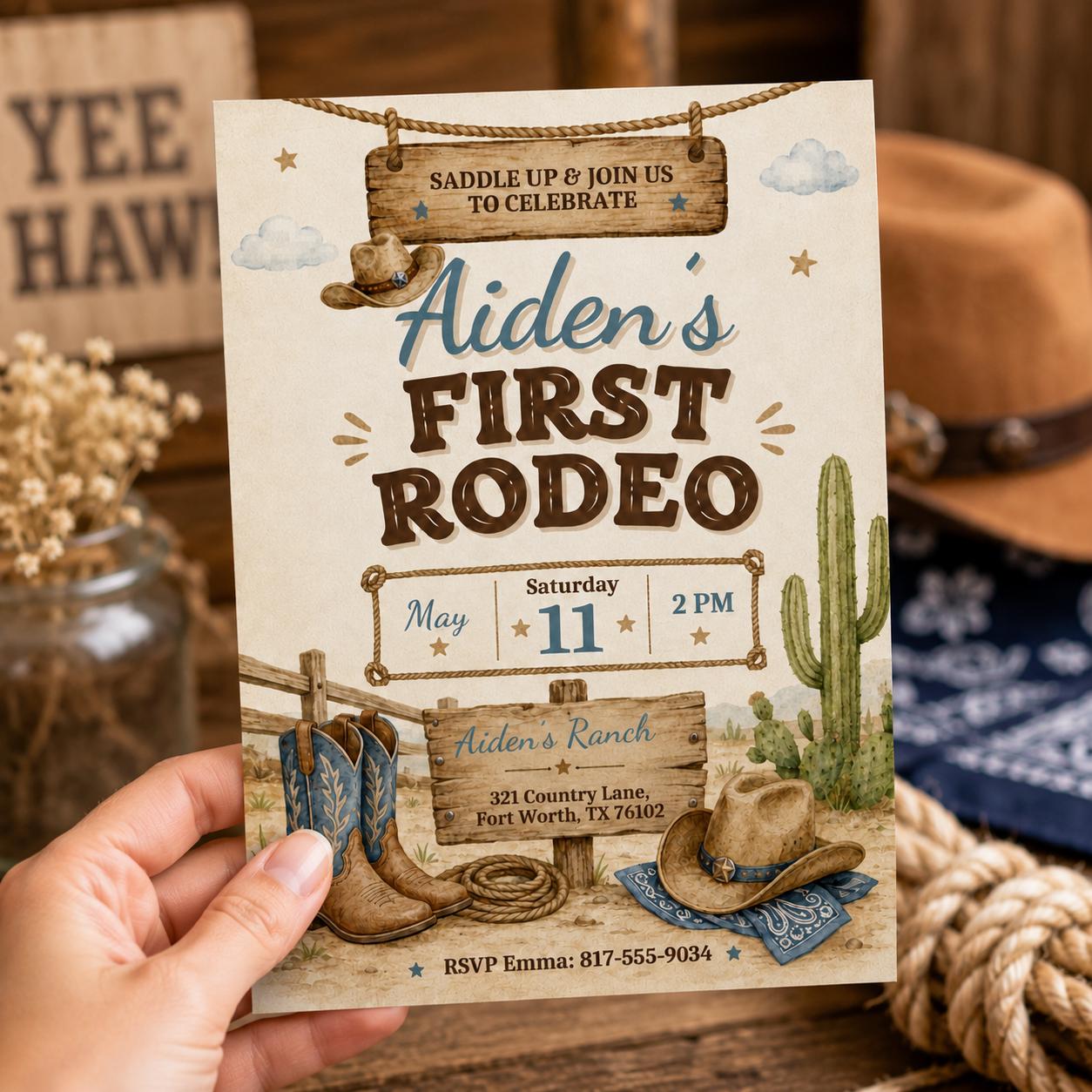 First Rodeo Birthday Invitation, Cowboy Birthday Invite, Boy 1st Birthday Invites, Wild West Invitation, My First Rodeo Template Canva __etsy:8080206343