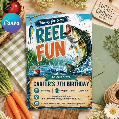 Fishing Birthday Invitation, First Birthday Fishing Invitation; Editable Canva Template __etsy:8018792848