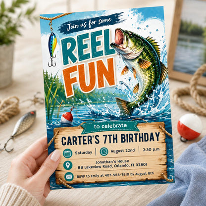 Fishing Birthday Invitation, First Birthday Fishing Invitation; Editable Canva Template __etsy:8018791134