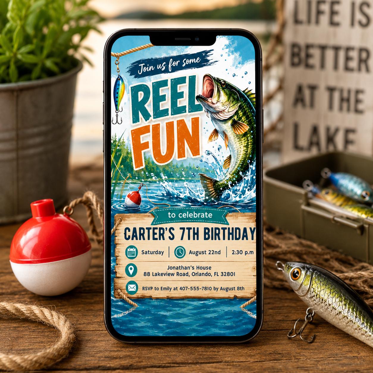 Fishing Birthday Invitation, First Birthday Fishing Invitation; Editable Canva Template __etsy:8066710217