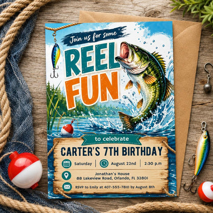 Fishing Birthday Invitation, First Birthday Fishing Invitation; Editable Canva Template __etsy:8066710289
