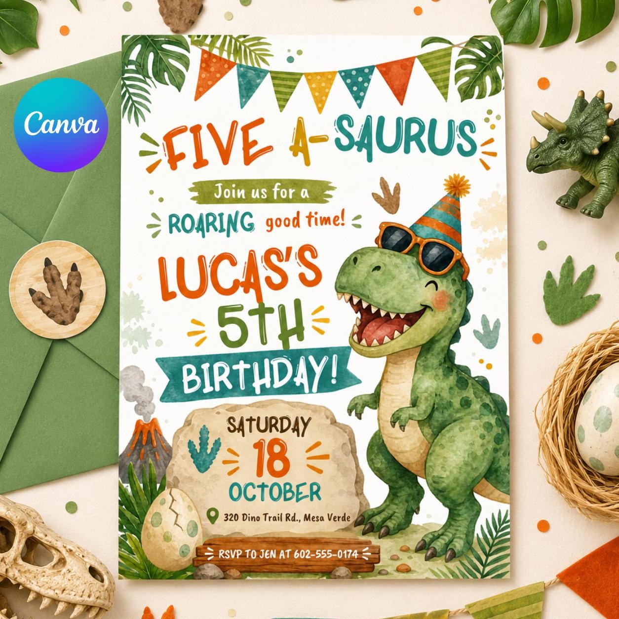 Five A-Saurus Birthday Invitation, Dinosaur Birthday Invitation, T-rex Birthday Invite, Dinosaur 5th Birthday Party Invite, Editable Canva __etsy:8009015984