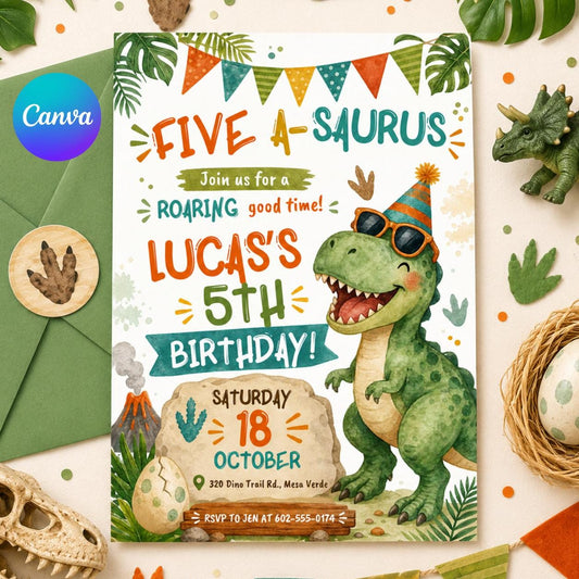 Five A-Saurus Birthday Invitation, Dinosaur Birthday Invitation, T-rex Birthday Invite, Dinosaur 5th Birthday Party Invite, Editable Canva __etsy:8009015984