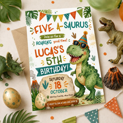 Five A-Saurus Birthday Invitation, Dinosaur Birthday Invitation, T-rex Birthday Invite, Dinosaur 5th Birthday Party Invite, Editable Canva __etsy:8056931833