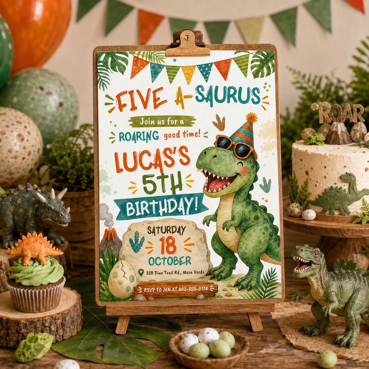 Five A-Saurus Birthday Invitation, Dinosaur Birthday Invitation, T-rex Birthday Invite, Dinosaur 5th Birthday Party Invite, Editable Canva __etsy:8056931805