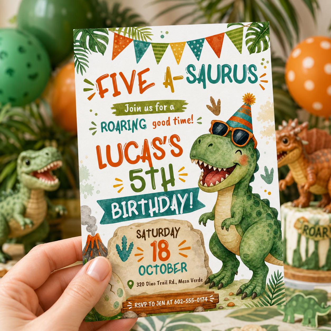 Five A-Saurus Birthday Invitation, Dinosaur Birthday Invitation, T-rex Birthday Invite, Dinosaur 5th Birthday Party Invite, Editable Canva __etsy:8009013946