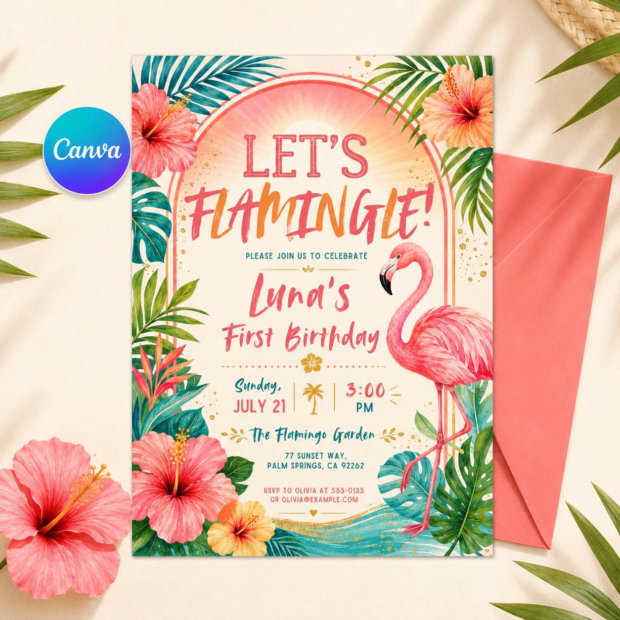 Flamingo First Birthday Invitation, Let’s Flamingle Birthday Invitation, Flamingo Party Invite, Tropical Pink Summer Birthday Canva Template __etsy:8057329266