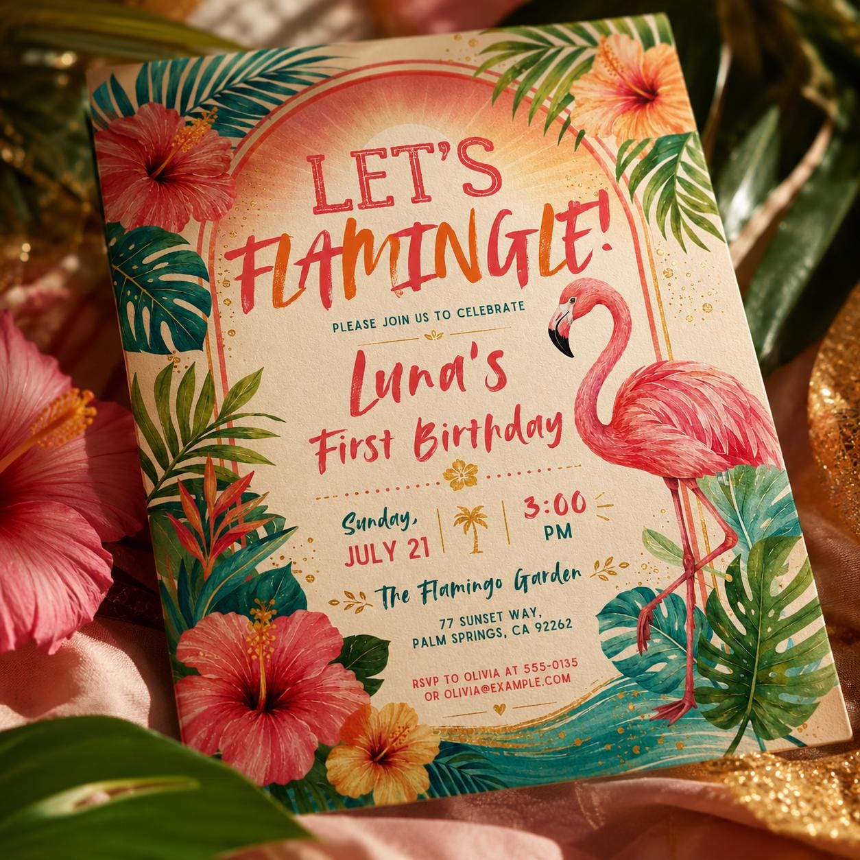 Flamingo First Birthday Invitation, Let’s Flamingle Birthday Invitation, Flamingo Party Invite, Tropical Pink Summer Birthday Canva Template __etsy:8057329476