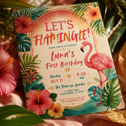 Flamingo First Birthday Invitation, Let’s Flamingle Birthday Invitation, Flamingo Party Invite, Tropical Pink Summer Birthday Canva Template __etsy:8057329476